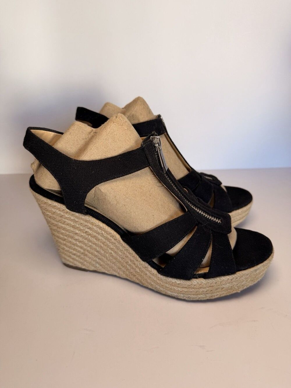 Michael Kors Black Canvas Zip Espadrille Wedge Sandals Women's Size 10M